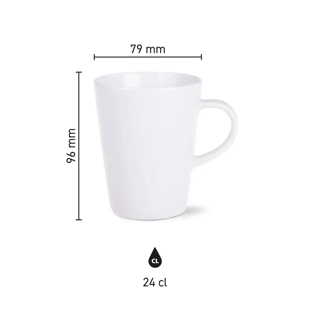 Infografik mit den Abmessungen des Victor Tasse 24 cl. Porzellan, einschließlich Informationen zu Höhe und Durchmesser.