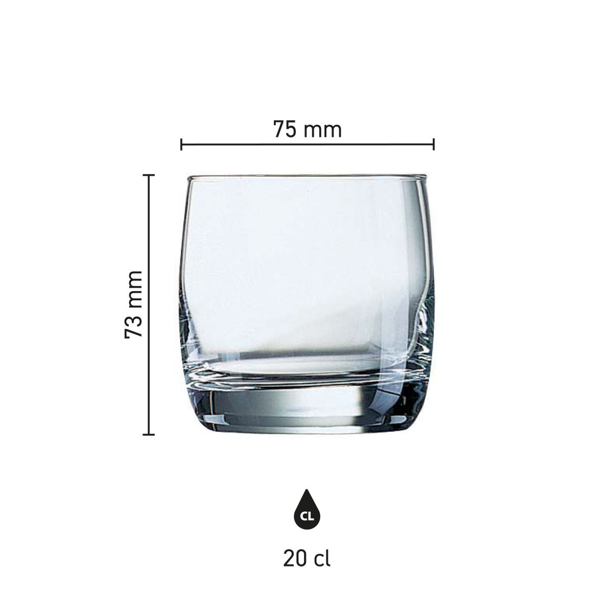 Infografik mit den genauen Maßen des Vigne Bechers 20 cl. aus Glas.