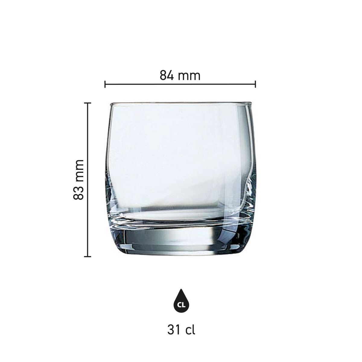 Infografik mit den genauen Produktabmessungen des Vigne Bechers 31 cl aus Glas, mit Maßstab und Größenangabe