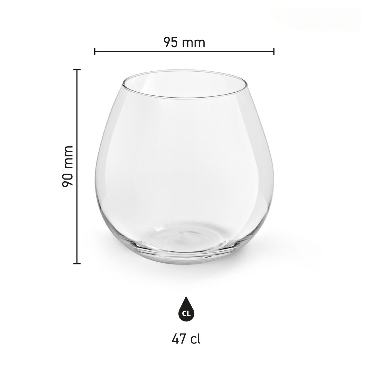 Transparentes 47 cl Ronda Weinglas in Frontalansicht, geeignet für Rot- und Weißwein.
