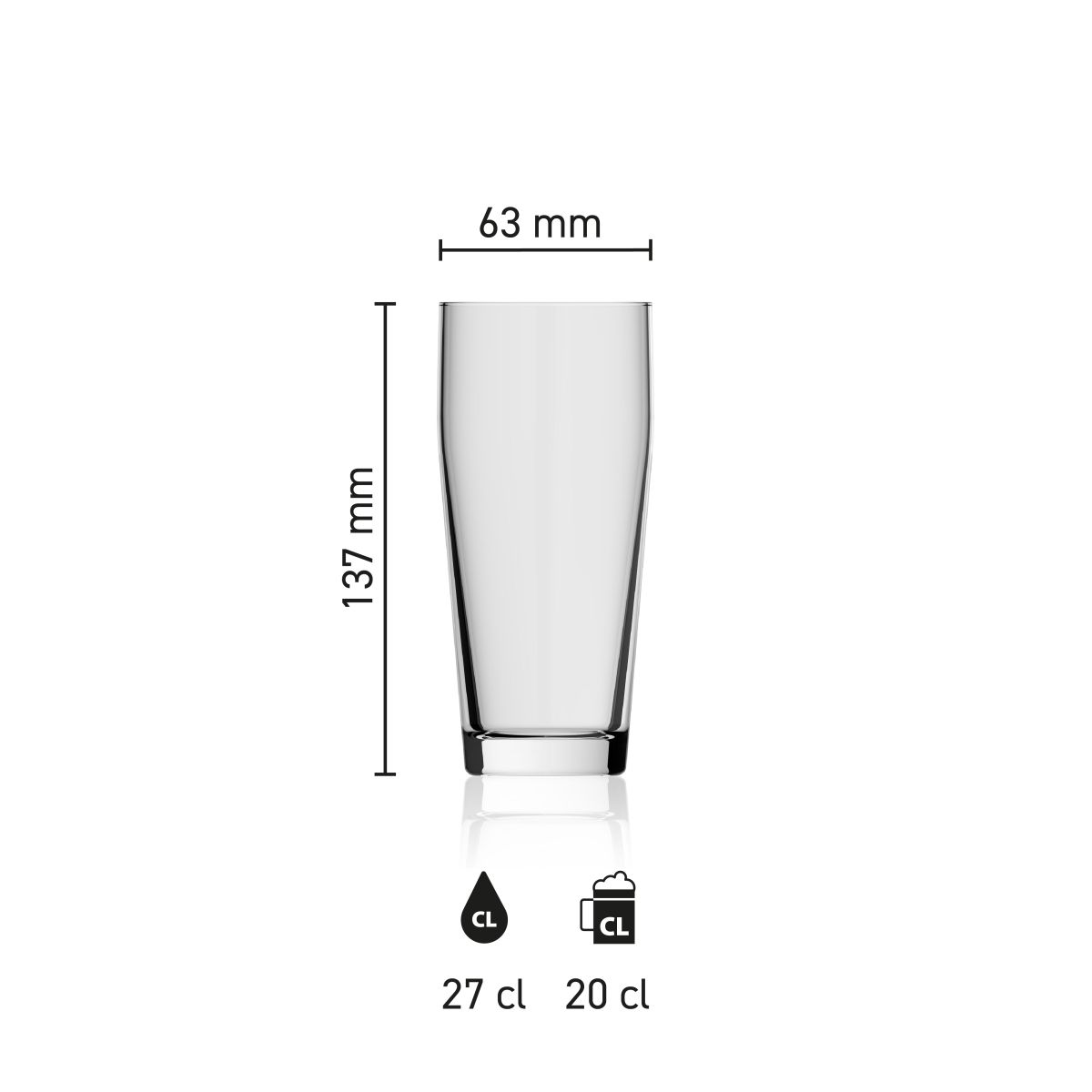 Maße des Willibecher Bierglas 27 cl. mit Höhe, Durchmesser und Fassungsvermögen in einer Infografik