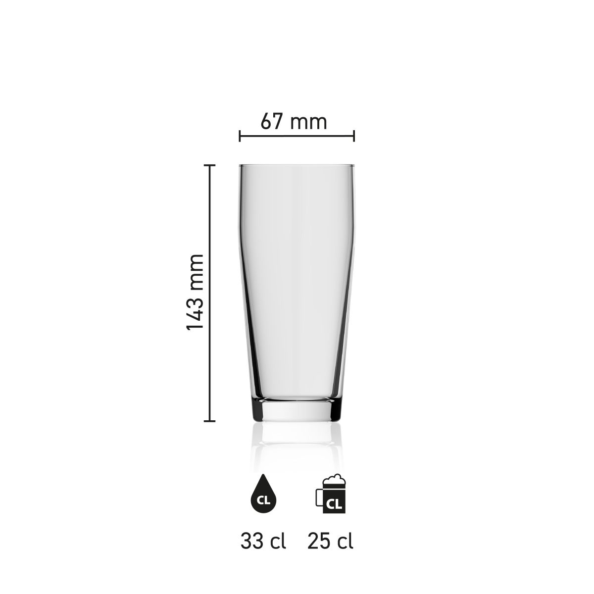 Maße des Willibecher Bierglas 33 cl. mit Höhe, Durchmesser und Fassungsvermögen in einer Infografik