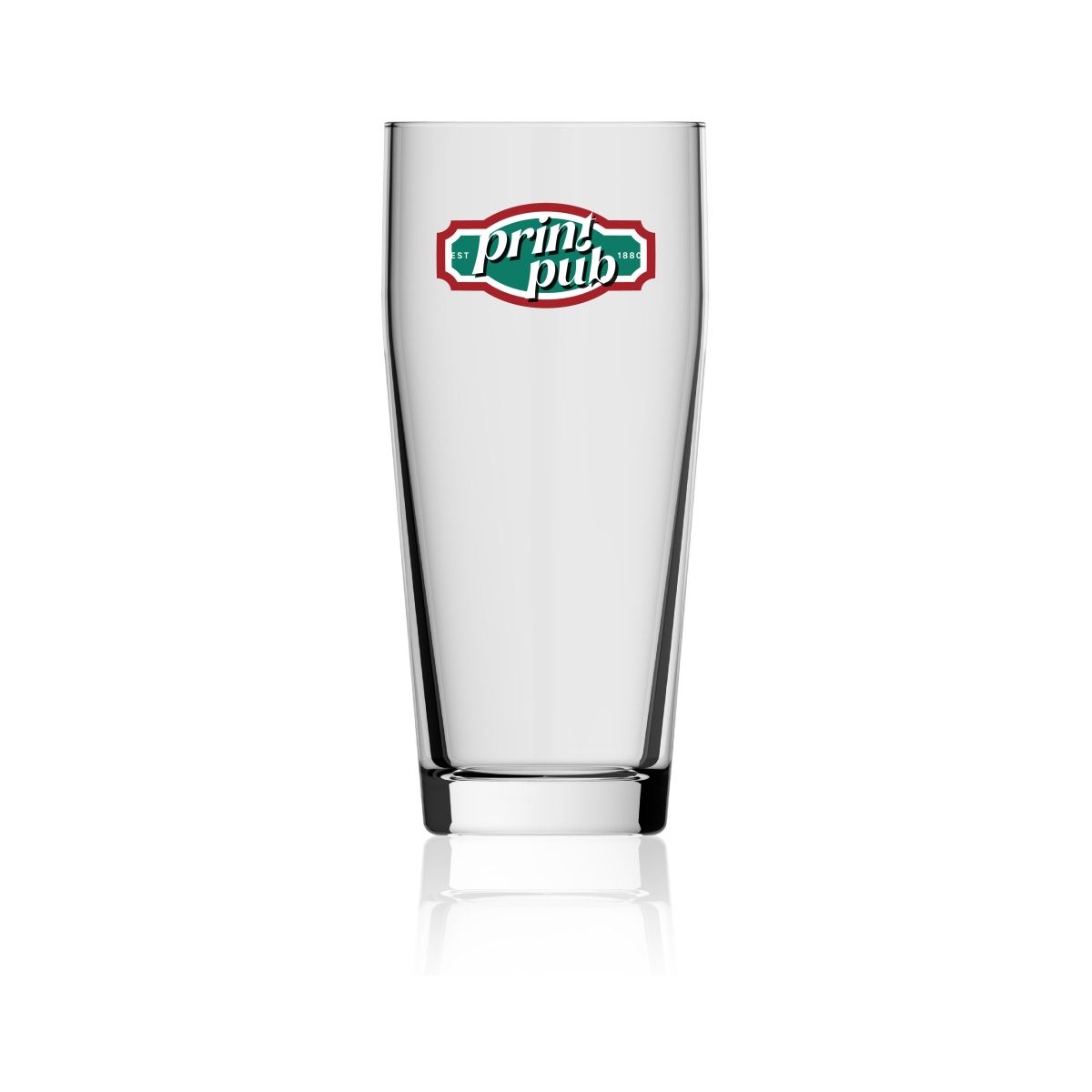 Willibecher 38 cl. Glas mit mehrfarbigem PrintPub-Logo auf der Vorderseite
