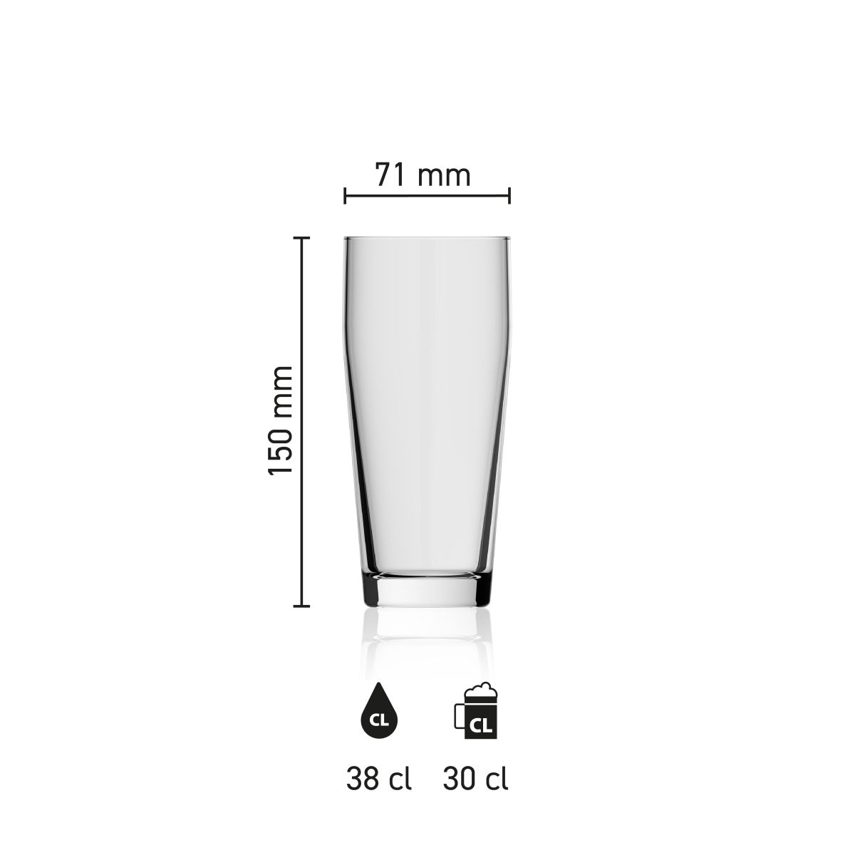 Maße des Willibecher-Glases (38 cl) mit Höhe, Durchmesser und Fassungsvermögen in einer Infografik