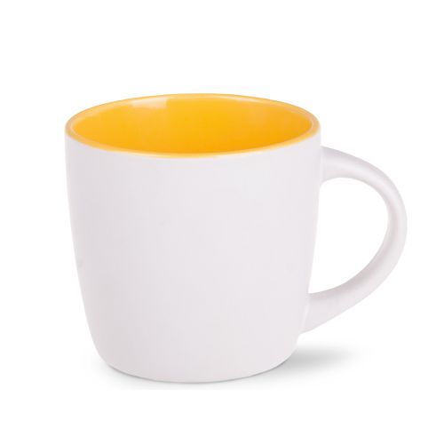 Gelbe und weiße Kitty Tasse mit Druck