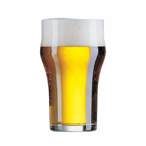 transparentes Bierglas Nonic Arcoroc mit einem Fassungsvermögen von 34 cl und leichter Wölbung im Glas