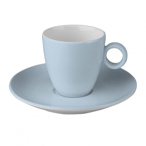 Hellblaue Kaffeetasse mit Ohr und Untertasse bedrucken lassen