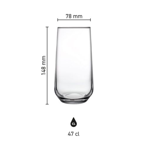 Infografik zu Allegra Longdrinkglas 47 cl im Glas mit den angegebenen Maßen wie Höhe und Durchmesser.