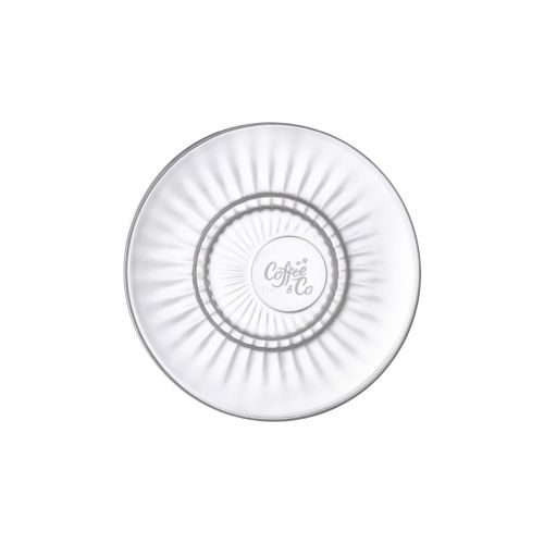 Gravur des CoffeeCo-Logos auf der Vorderseite der Barshine Espresso Tasse 14 cm Glas sichtbar.