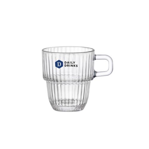DailyDrinks-Logo in mehreren Farben auf der Vorderseite des Barshine Espresso Glases 8,9 cl. Glas.