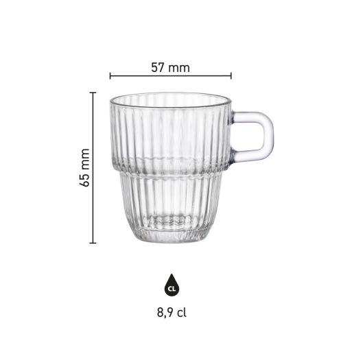 Detaillierte Infografik mit Höhen- und Breitenmaßen des Barshine Espresso Glass 8.9 cl.