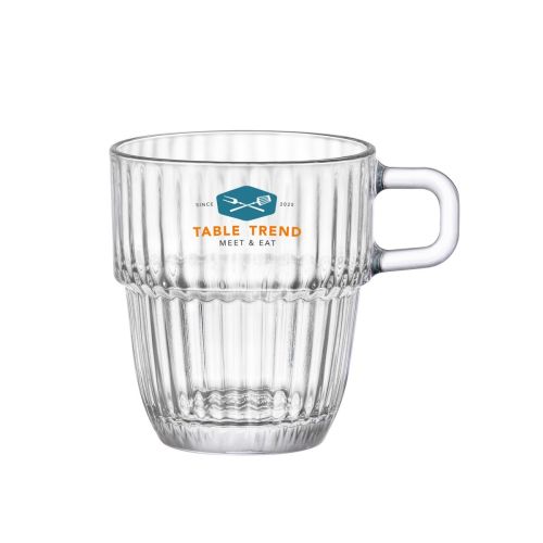 Vorderseite des Barshine Kaffeeglases 18,5 cl. mit mehrfarbigem TableTrend Logo auf dem Glas.