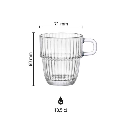 Infografik mit Höhe und Durchmesser des Barshine Coffee Glass 18.5 cl. Glas.