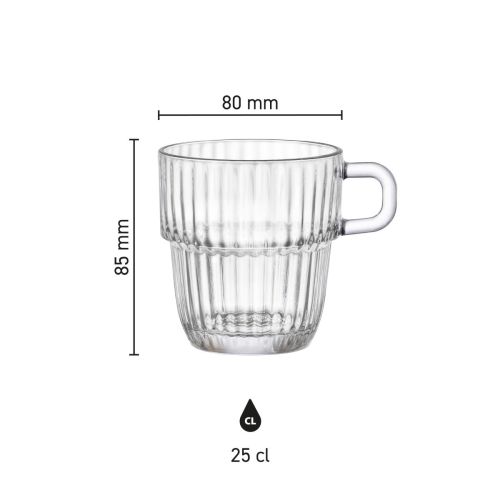 Infografik mit den Abmessungen des Barshine Teeglases 25 cl. einschließlich Höhe und Durchmesser.
