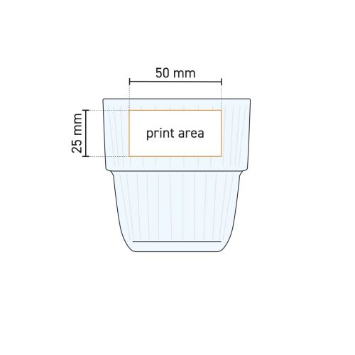 Technische Arbeitszeichnung von Barshine Tumbler Glas 21 cl mit markierter Druckfläche für die Platzierung des Logos.