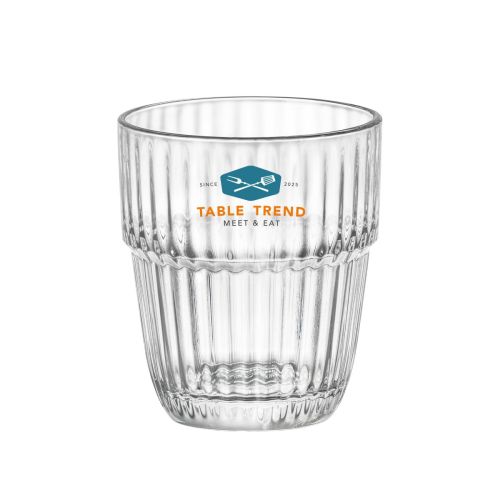 Barshine Tumbler Glas 21 cl mit mehrfarbigem TableTrend Logo auf der Vorderseite.