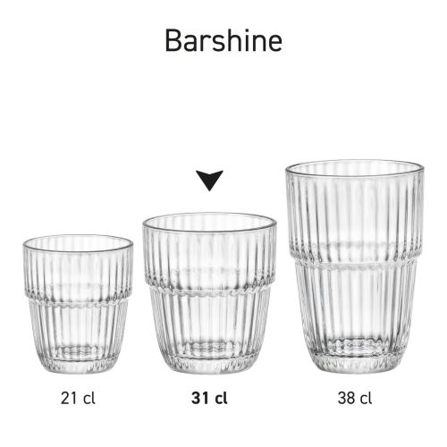 Eine Reihe von 31-cl-Barshine-Tumbler-Gläsern wird zum visuellen Vergleich und zur Vereinheitlichung in Reihe gezeigt.