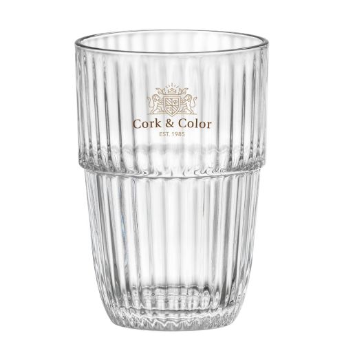 Barshine Tumbler 50 cl. Glas mit mehrfarbigem CorkColour Logo in der Mitte der Glasoberfläche.
