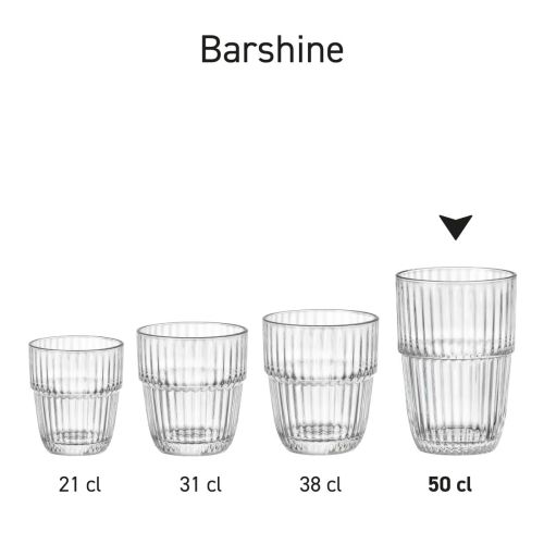 Reihe von Barshine Tumbler Gläsern in Serie aus klarem Glasmaterial.