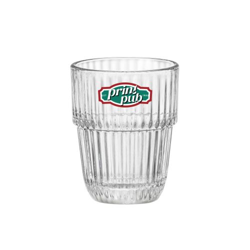 Barshine Tumbler 6,8 cl. mit mehrfarbigem PrintPub-Logo auf der Vorderseite des Glases.
