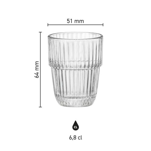 Infografik mit den Produktabmessungen des Barshine Tumbler 6.8 cl. Glas abgebildet.