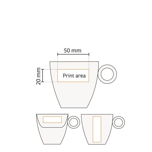 Die Arbeitszeichnung zeigt die Druckfläche auf der Bart-Kaffeetasse aus mattem Porzellan für die Platzierung des Logos.