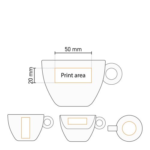 Technische Arbeitszeichnung von Bola Cappuccino 20 cl Set aus Porzellan mit Angabe der Druckfläche auf beiden Artikeln.