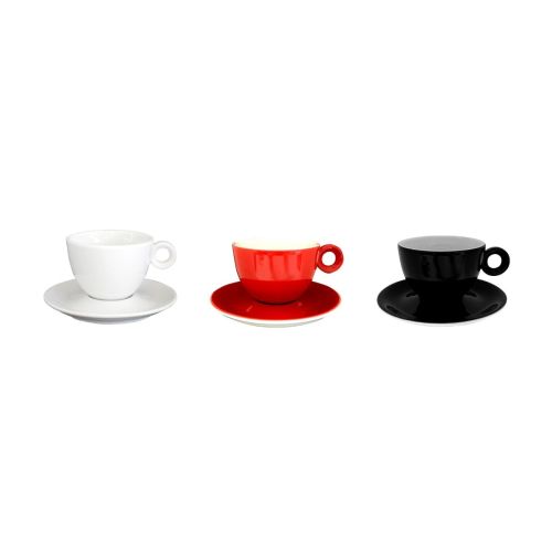 Farbansicht des Bola Cappuccino-Sets 20 cl. aus Porzellan, verschiedene Farbvarianten nebeneinander.