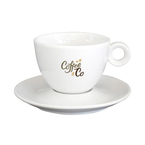 Bola Cappuccino Set 20 cl. aus Porzellan mit mehrfarbigem CoffeeCo Logo auf der Tasse.