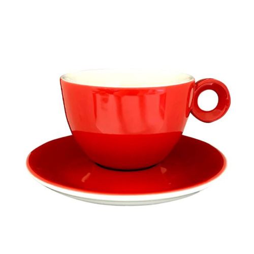 Vorderansicht von Bola Cappuccino rot-weiß 20 cl. Set aus Porzellan, mit abgerundeter Form.