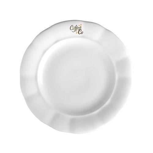 Weißer Teller Bernice 19 cm mit mehrfarbigem CoffeeCo-Logo auf der Vorderseite.