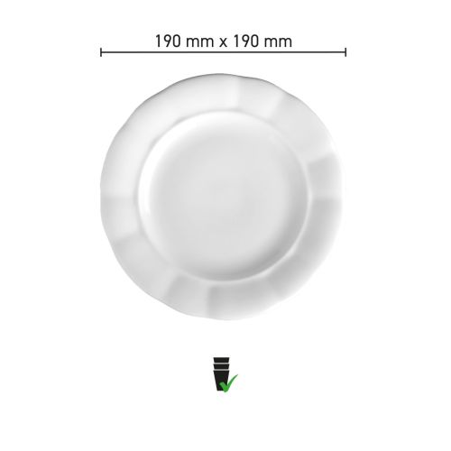 Infografik mit den Produktabmessungen des Tellers Bernice 19 cm aus weißem Porzellan.
