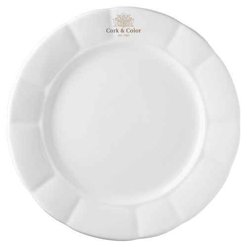 Teller Bernice 28 cm aus Porzellan mit CorkColor-Logo in mehreren Farben auf der Vorderseite.