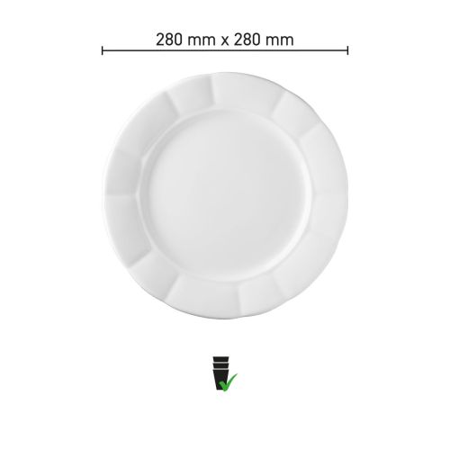 Infografik mit den Produktabmessungen des Teller Bernice 28 cm aus weißem Porzellan.