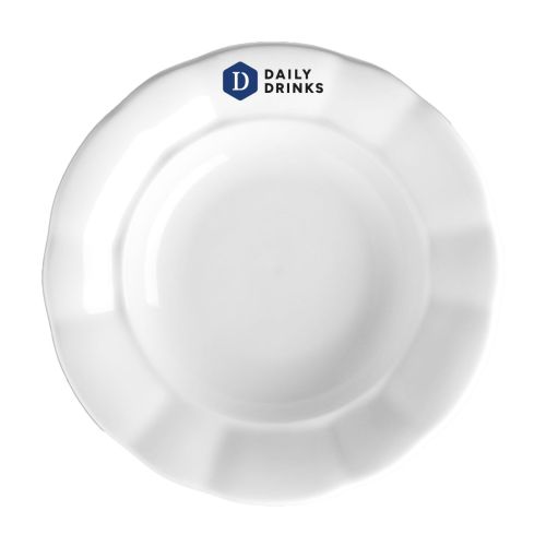 Teller Bernice tief 24 cm Porzellan mit DailyDrinks-Logo in mehreren Farben auf der Vorderseite.