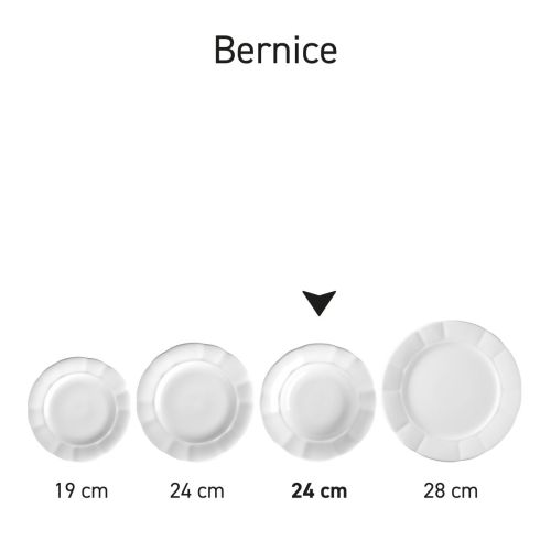 Serie von Tellern Bernice in weißem Porzellan fein säuberlich angeordnet.