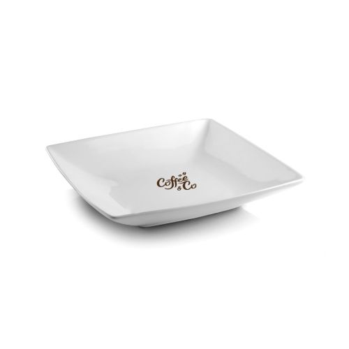 Teller quadratisch tief Squito 22 cm aus Porzellan mit 1-farbigem CoffeeCo-Logo auf der Vorderseite.