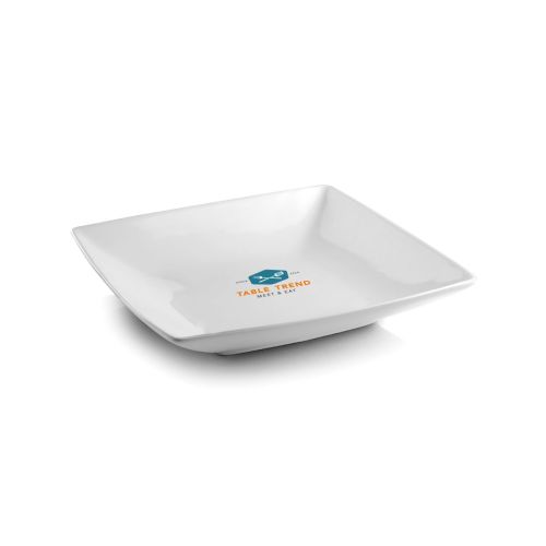 Teller quadratisch tief Squito 22 cm aus Porzellan mit mehrfarbigem TableTrend-Logo auf der Vorderansicht.