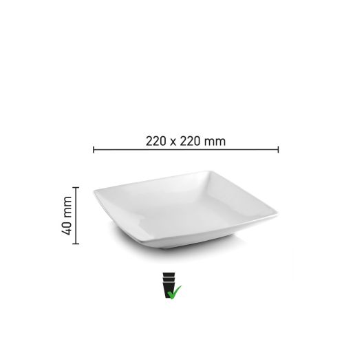 Infografik mit den Abmessungen des quadratischen tiefen Squito-Tellers 22 cm aus Porzellan.