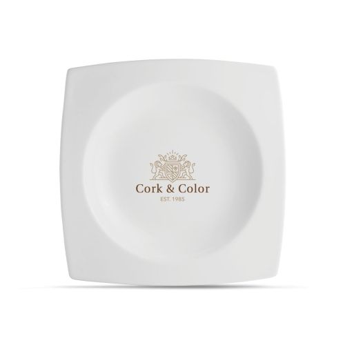 Teller quadratisch tief Squito 27 cm aus Porzellan mit mehrfarbigem CorkColor-Logo auf der Vorderseite.