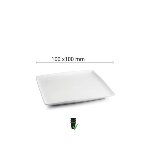 Infografik mit den Produktabmessungen des quadratischen Tellers Squito 10 cm aus Porzellan.