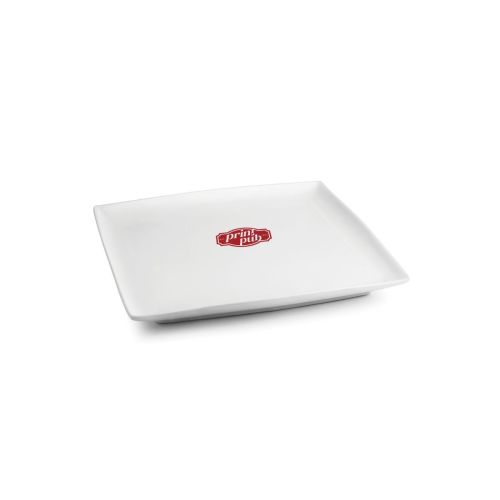 Teller Quadratisch Squito 16 cm, bedruckt mit 1-farbigem PrintPub-Logo auf der Vorderseite.