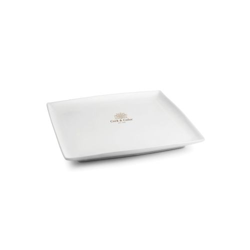 Teller Quadratisch Squito 16 cm aus Porzellan mit mehrfarbigem CorkColor-Logo auf der Vorderseite.