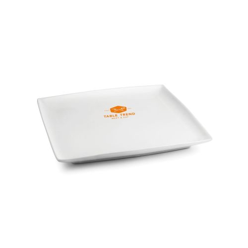 Teller Quadratisch Squito 18 cm aus Porzellan mit 1-farbigem TableTrend-Logo auf der Vorderseite.