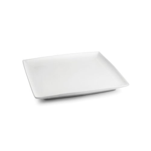 Teller Quadratisch Squito 18 cm aus weißem Porzellan, Vorderansicht mit glatter und ebener Servierfläche.