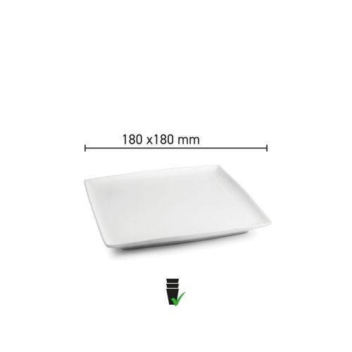Infografik mit den Abmessungen des Teller Quadratisch Squito 18 cm aus Porzellan.