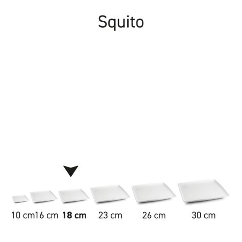 Übersicht der Squito-Teller aus der Serie in Porzellan, mehrere quadratische Teller nebeneinander.