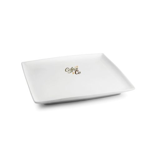 Teller Quadratisch Squito 23 cm aus Porzellan mit mehrfarbigem CoffeeCo-Logo auf der Vorderseite.