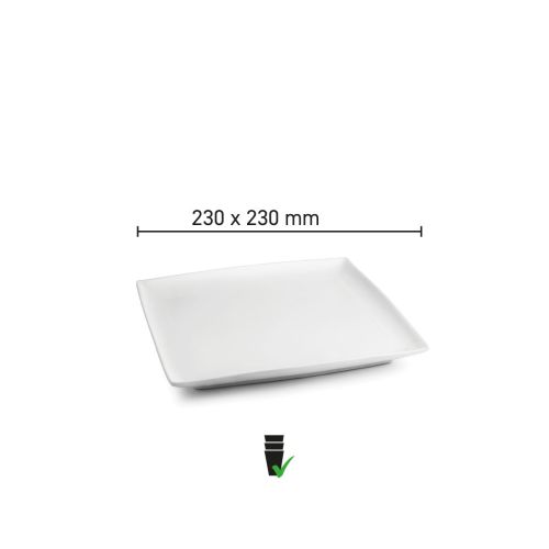 Teller Quadratisch Squito 23 cm aus Porzellan mit Infografik der Produktabmessungen und Größenanzeige.
