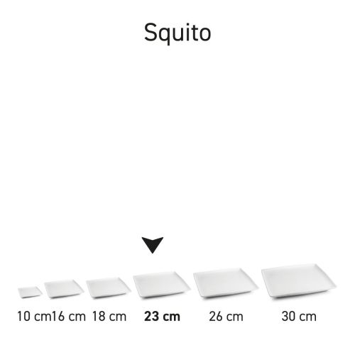 Überblick über die Serie Squito aus Porzellan, mehrere quadratische Teller nebeneinander.